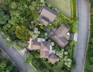 Maisons entourées d'arbres et au bord d'une forêt vues de haut